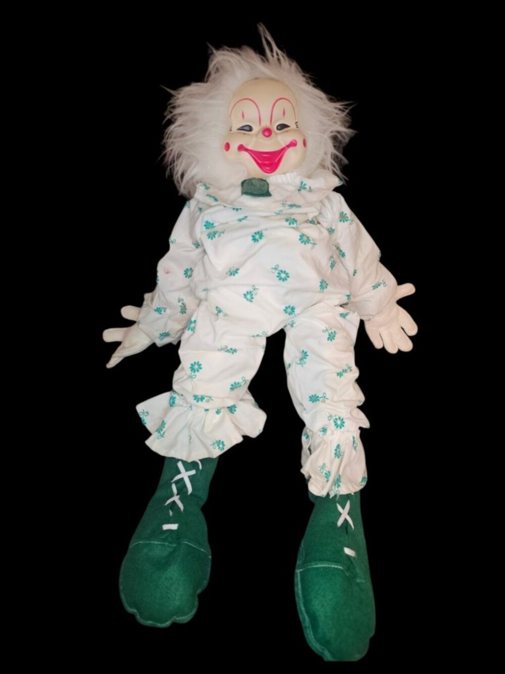 VTG Creepy Clown Soft Doll White Hair 25" Handmade